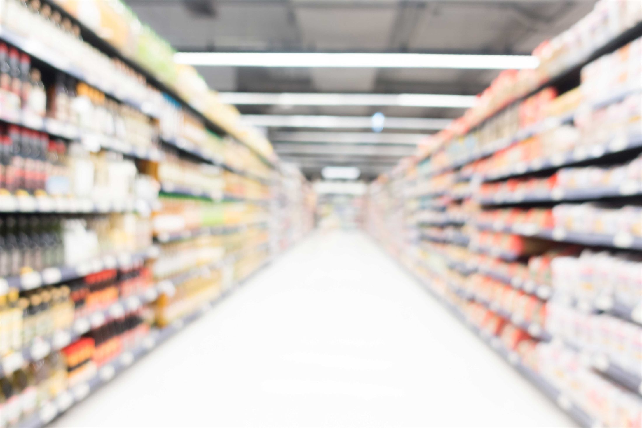 Retail shelves with packaged food products